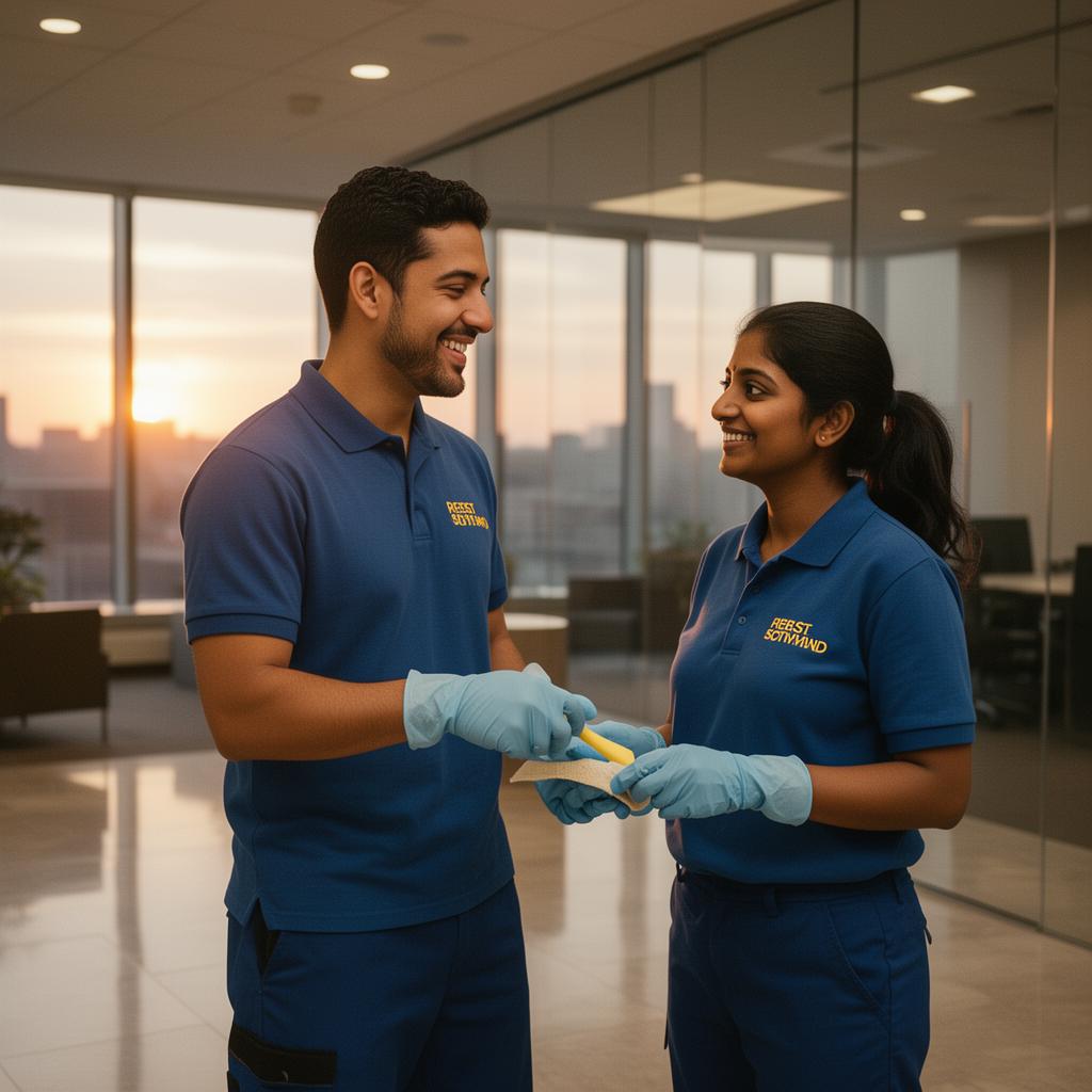 Commercial cleaning team in branded uniforms at a modern office lobby