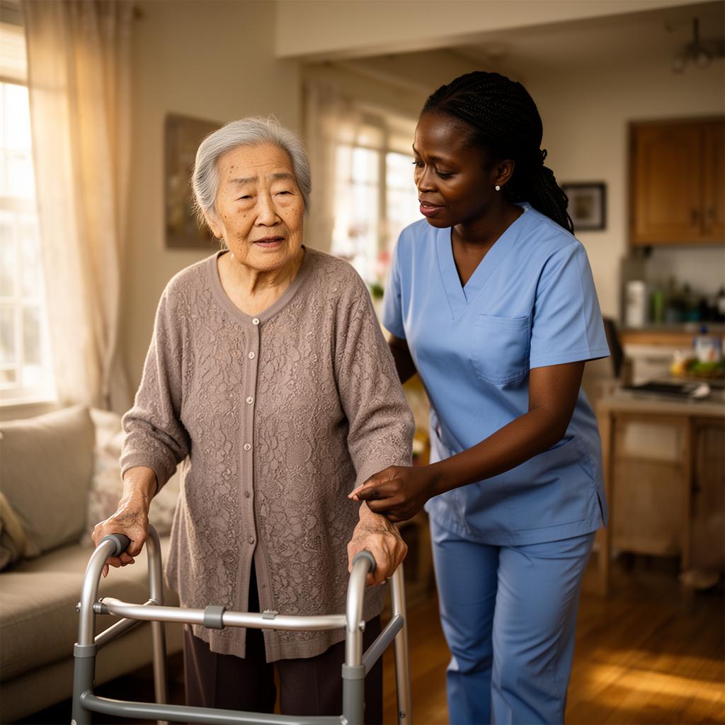 Home healthcare nurse helping an elderly client at home