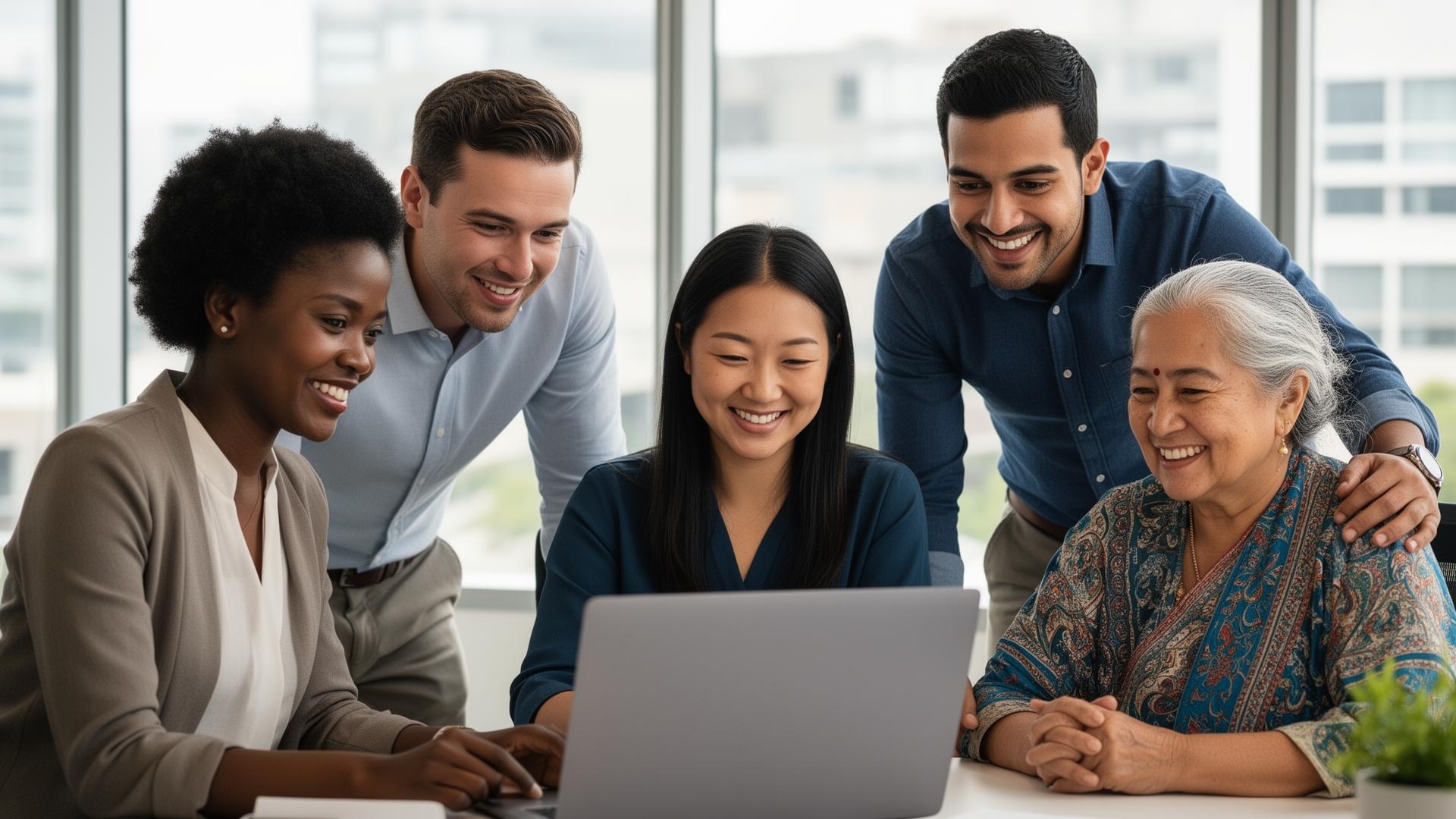 Diverse operations team collaborating around a laptop in a bright office