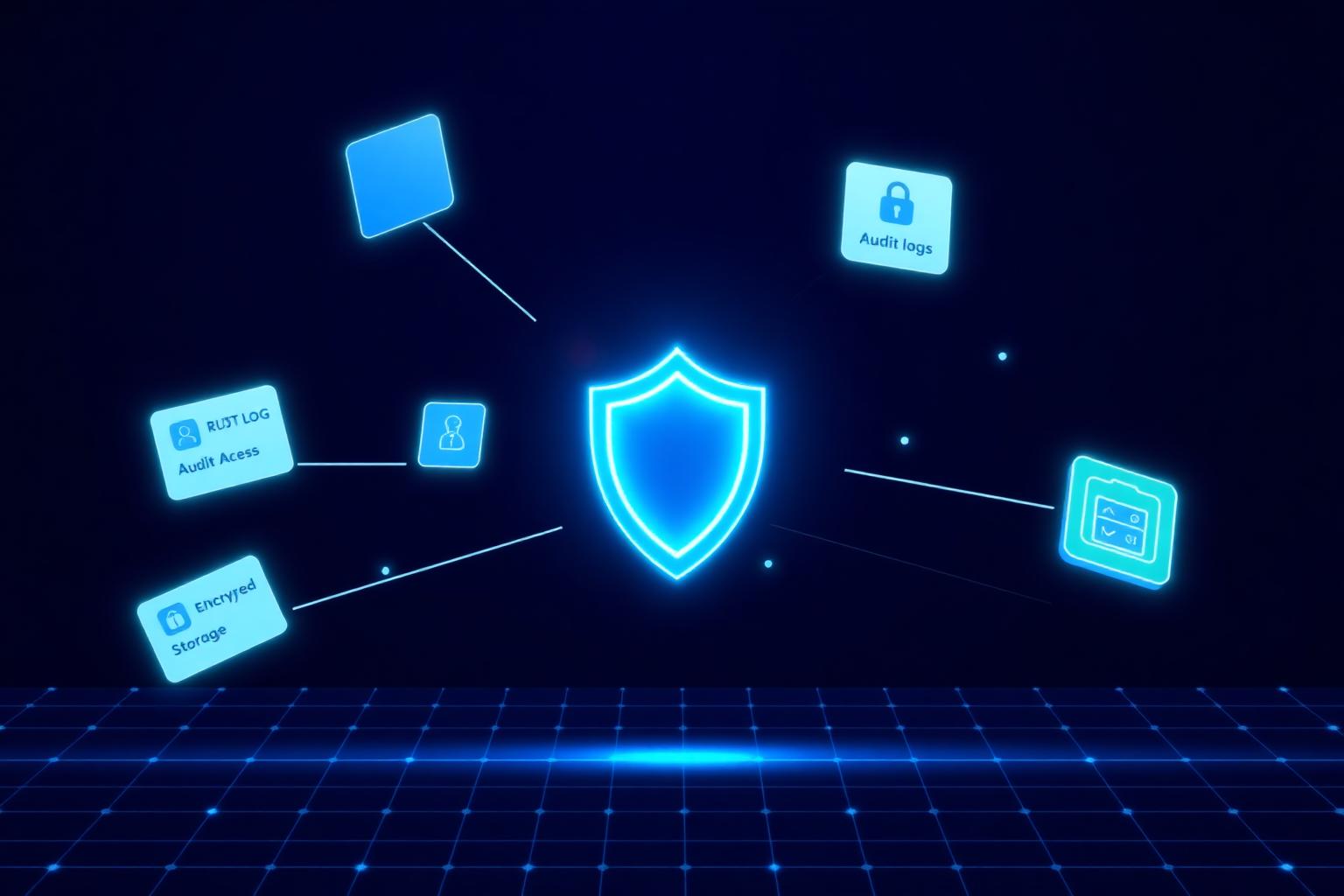 Avyqor security model — shield surrounded by access control, audit logs and encrypted storage cards