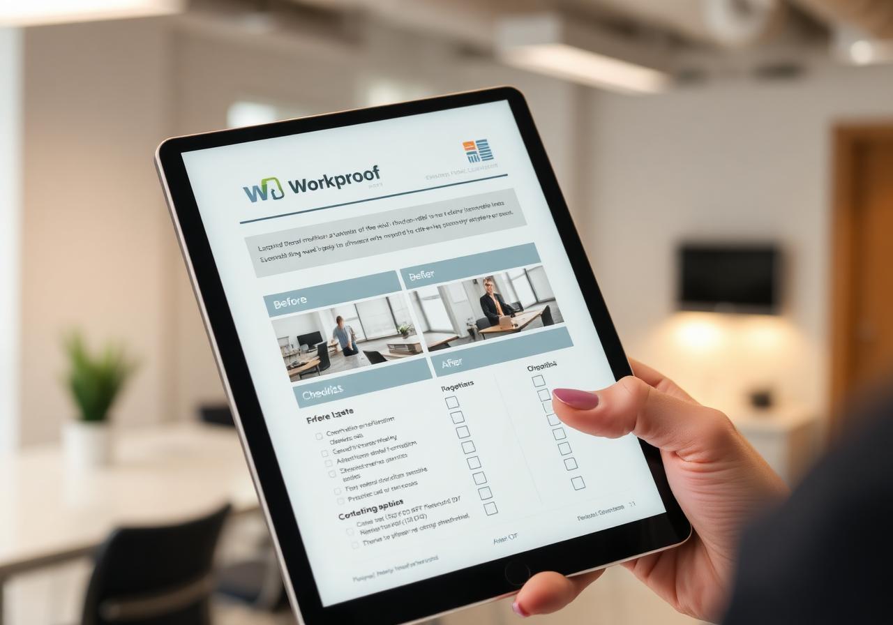 WorkProof report shown on a tablet with before and after photos and checklist